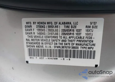 2007 Honda Odyssey Ex-L из США, поврежденный, VIN 5FNRL38767B138820